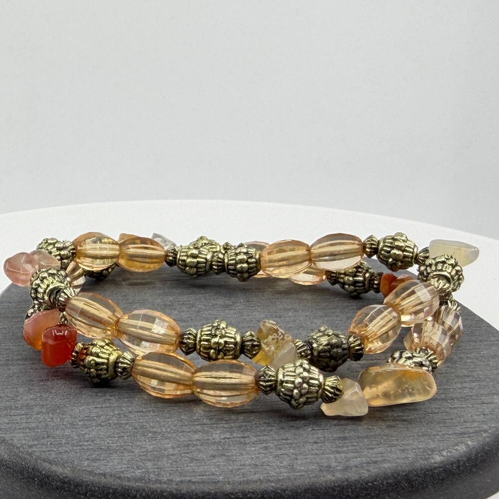 Boho Multi-Strand Beaded Bracelet Orange Gemstone Gold Tone Accents Layered Look